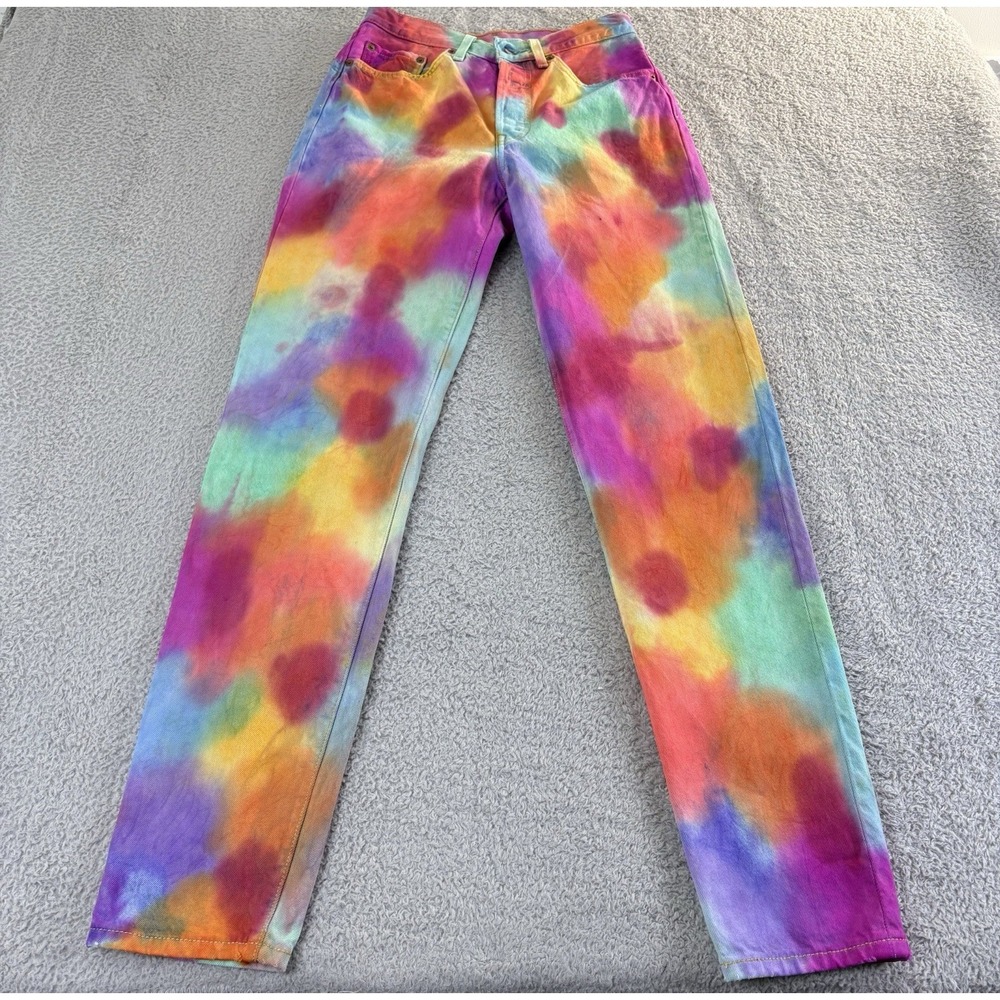 Levis 501 81 Womens W26 L33 Tie Dye Rainbow High Rise Straight Leg Jeans Y2K